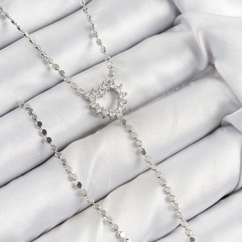 Pirinç Zirkon Taşlı Ezme Zincirli Kalp Model Gümüş Renk Y Kolye