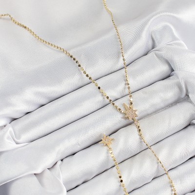 Pirinç Zirkon Taşlı Ezme Zincirli Kutup Yıldızı Model Gold Renk Y Kolye