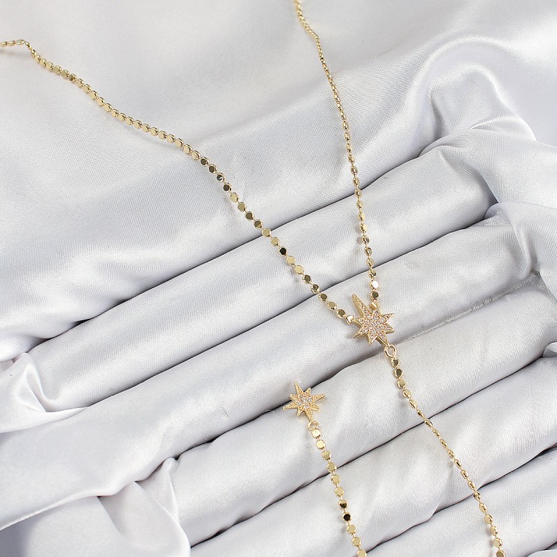 Pirinç Zirkon Taşlı Ezme Zincirli Kutup Yıldızı Model Gold Renk Y Kolye