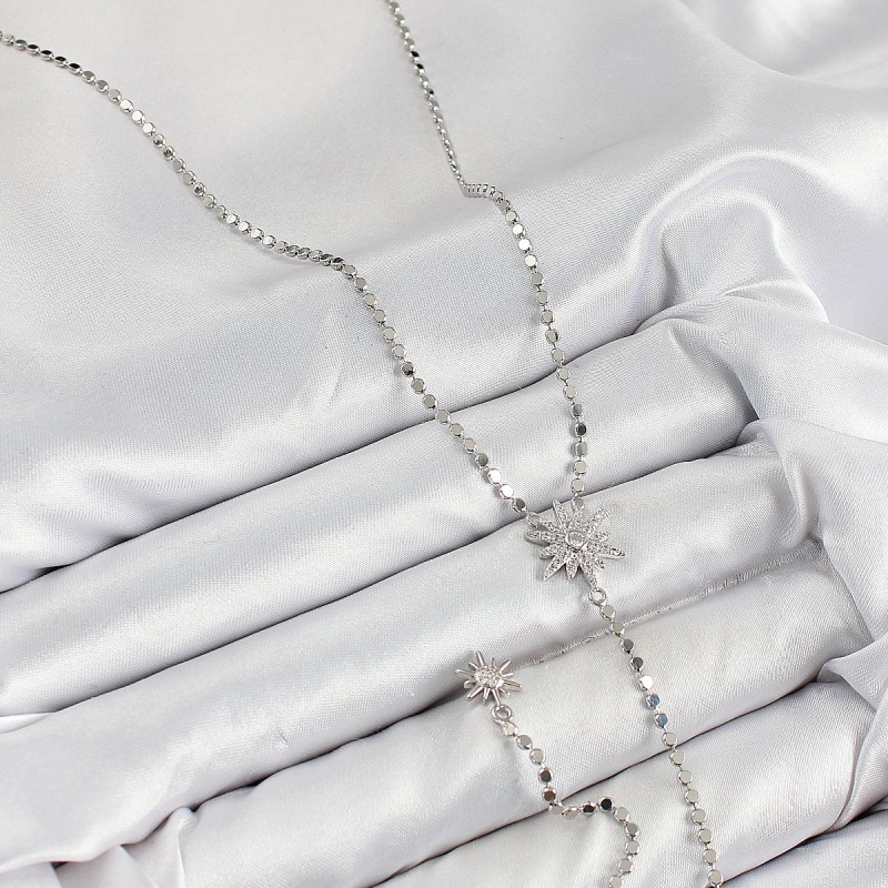 Pirinç Zirkon Taşlı Ezme Zincirli Kutup Yıldızı Model Gümüş Renk Y Kolye