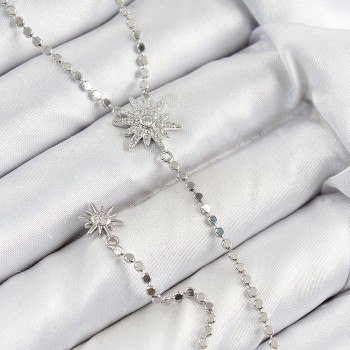 Pirinç Zirkon Taşlı Ezme Zincirli Kutup Yıldızı Model Gümüş Renk Y Kolye