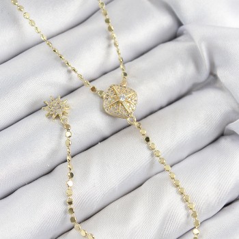 Pirinç Zirkon Taşlı Ezme Zincirli Madalyon Model Gold Renk Y Kolye