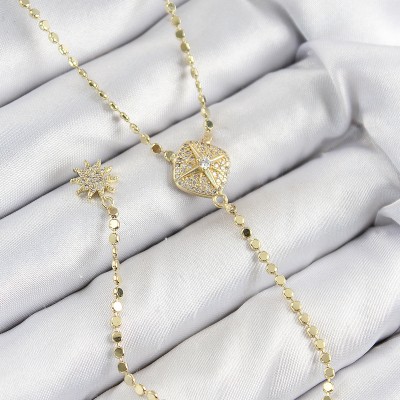 Pirinç Zirkon Taşlı Ezme Zincirli Madalyon Model Gold Renk Y Kolye