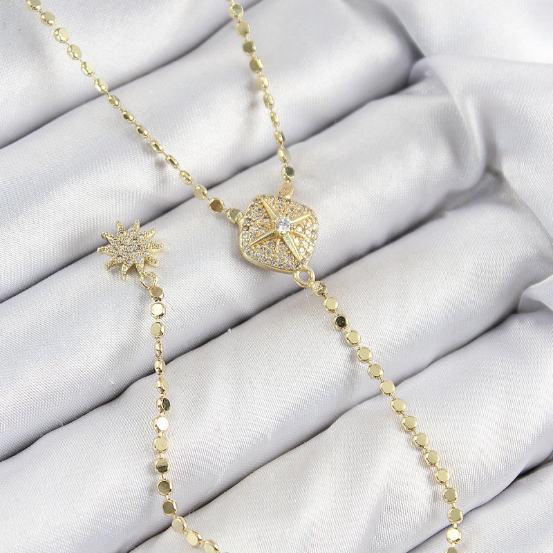 Pirinç Zirkon Taşlı Ezme Zincirli Madalyon Model Gold Renk Y Kolye