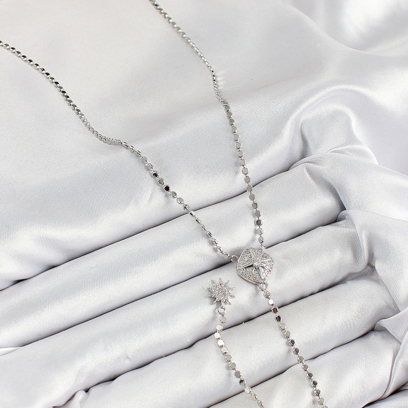 Pirinç Zirkon Taşlı Ezme Zincirli Madalyon Model Gümüş Renk Y Kolye