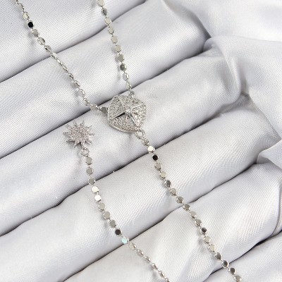 Pirinç Zirkon Taşlı Ezme Zincirli Madalyon Model Gümüş Renk Y Kolye