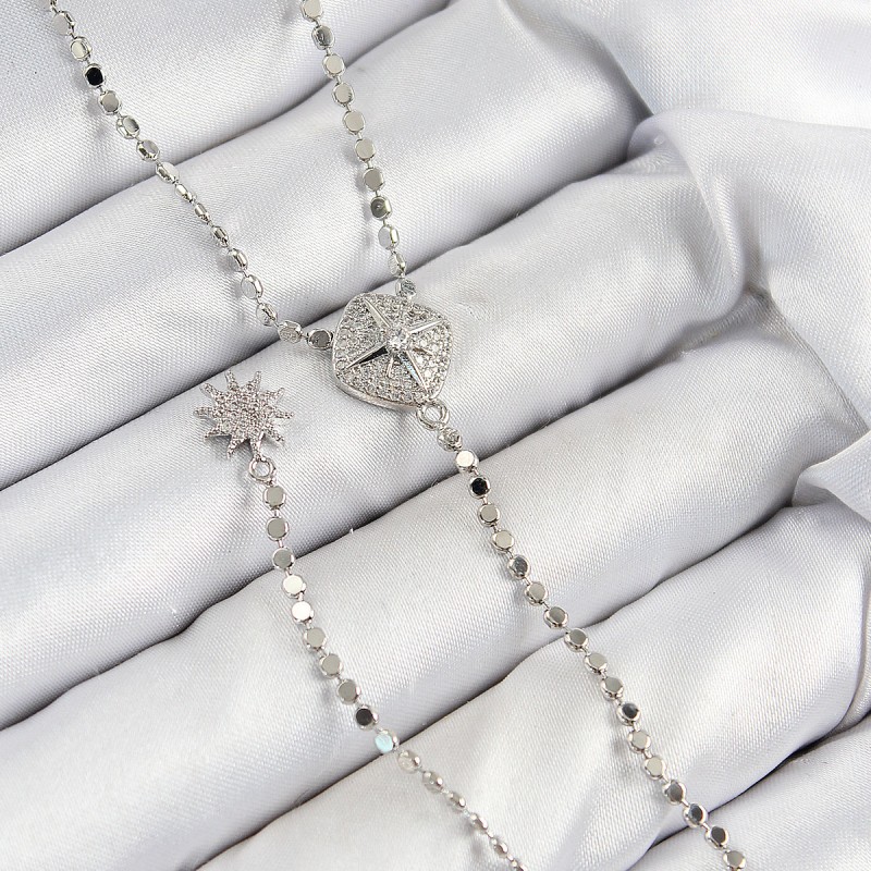 Pirinç Zirkon Taşlı Ezme Zincirli Madalyon Model Gümüş Renk Y Kolye