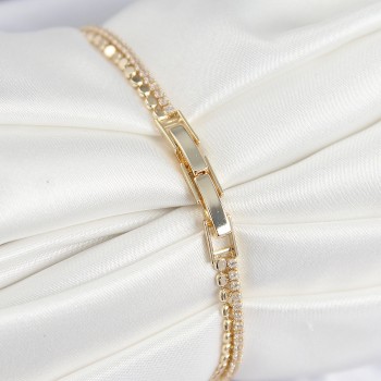 Pirinç Zirkon Taşlı Ezme Zincirli Sıralı Model Gold Renk Kadın Bilekilk