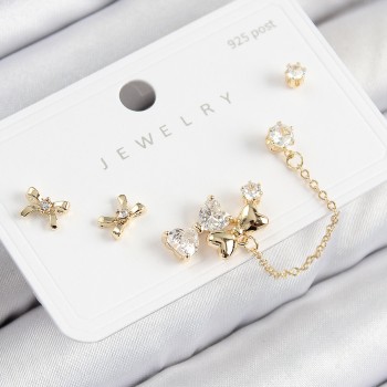 Pirinç Zirkon Taşlı Fiyonk Model Gold Renk 925 Ayar Gümüş Çivi Kadın Küpe Set