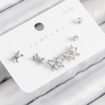 Pirinç Zirkon Taşlı Fiyonk Model Gümüş Renk 925 Ayar Gümüş Çivi Kadın Küpe Set