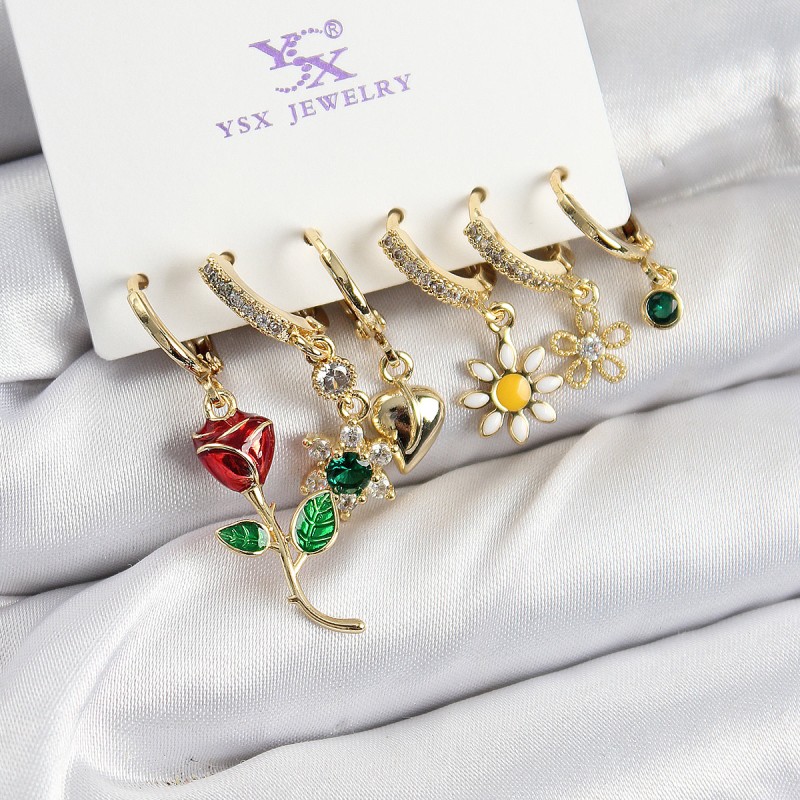 Pirinç Zİrkon Taşlı Gül Ve Papatya Model Gold Renk 3'lü Çift Kadın Küpe