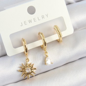 Pirinç Zirkon Taşlı Güneş Model Gold Renk 3'lü Çift Kadın Küpe Set