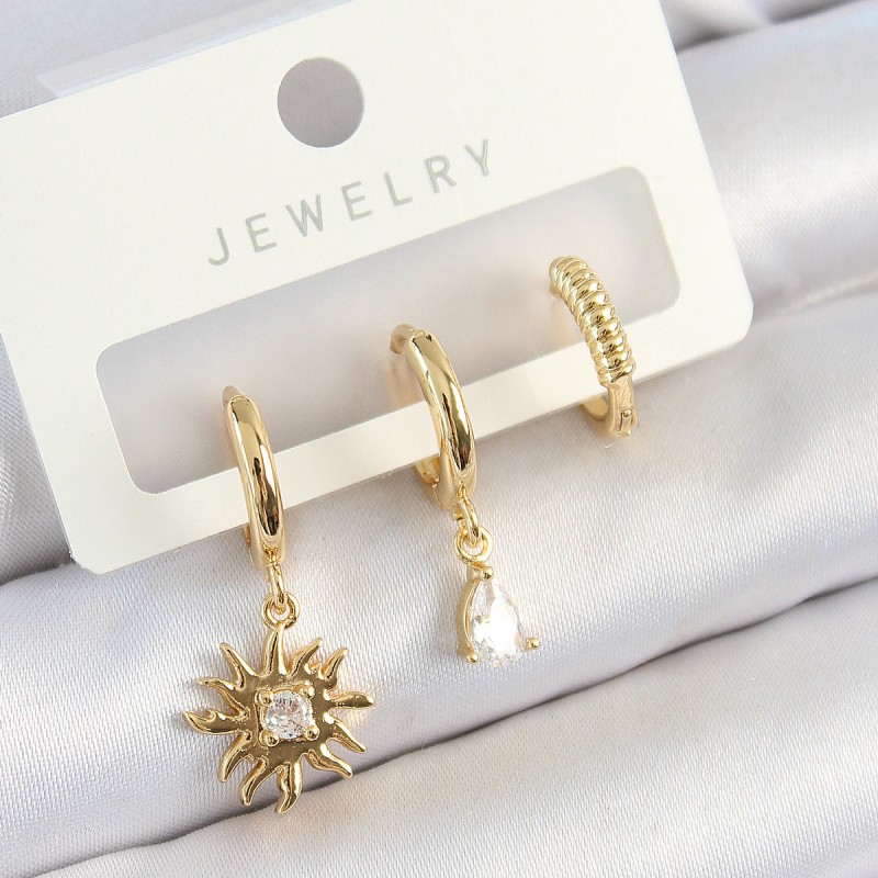 Pirinç Zirkon Taşlı Güneş Model Gold Renk 3'lü Çift Kadın Küpe Set