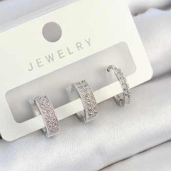 Pirinç Zirkon Taşlı Halka Model Gümüş Renk 3'lü Çift Kadın Küpe Set