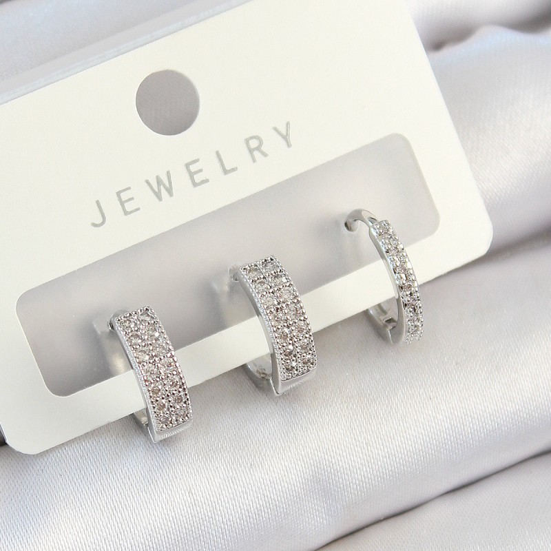 Pirinç Zirkon Taşlı Halka Model Gümüş Renk 3'lü Çift Kadın Küpe Set