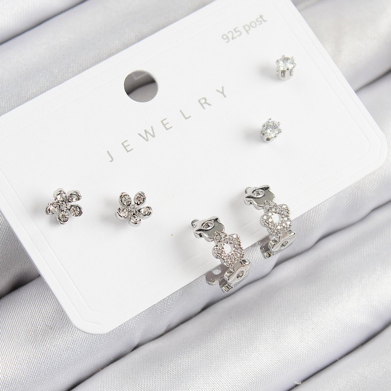 Pirinç Zirkon Taşlı Halka Model Gümüş Renk 925 Ayar Gümüş Çivi Kadın Küpe Set