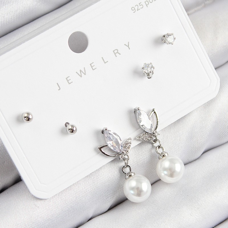 Pirinç Zirkon Taşlı İnci Sallantılı Damla Model Gümüş Renk 925 Ayar Gümüş Çivi Kadın Küpe Set