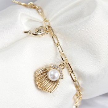 Pirinç Zirkon Taşlı İncili İstiridye Model Gold Renk Kadın Bileklik