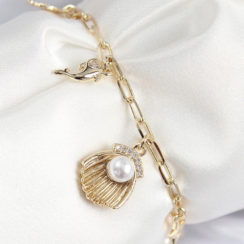 Pirinç Zirkon Taşlı İncili İstiridye Model Gold Renk Kadın Bileklik