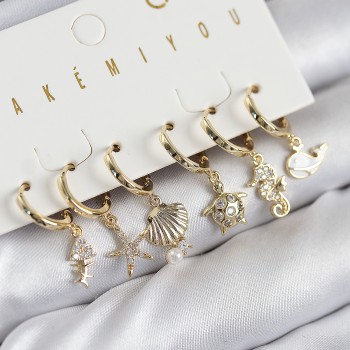Pirinç Zirkon Taşlı İstiridye Balina Ve Yıldız Gold Renk 6'lı Küpe Set