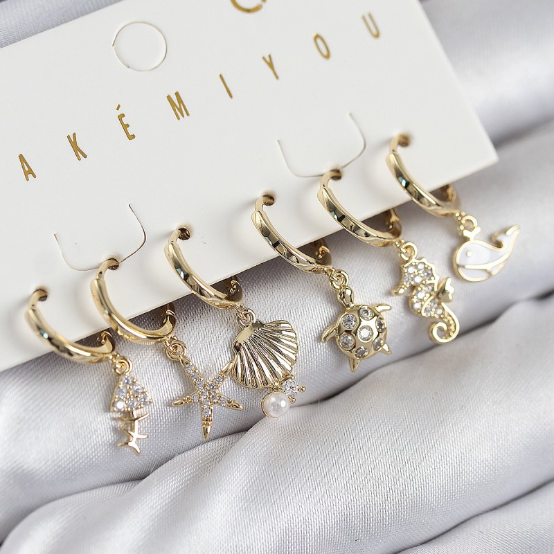 Pirinç Zirkon Taşlı İstiridye Balina Ve Yıldız Gold Renk 6'lı Küpe Set