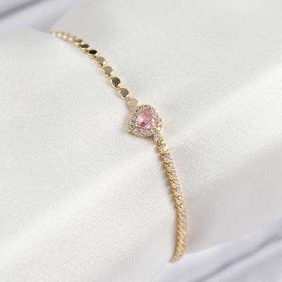 Pirinç Zirkon Taşlı Kalp Model Ezme Zincir Gold Renk Kadın Bileklik