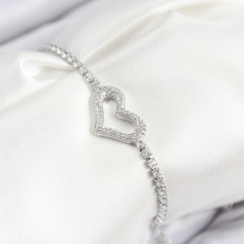 Pirinç Zirkon Taşlı Kalp Model Gümüş Renk Asansörlü Kadın Bileklik