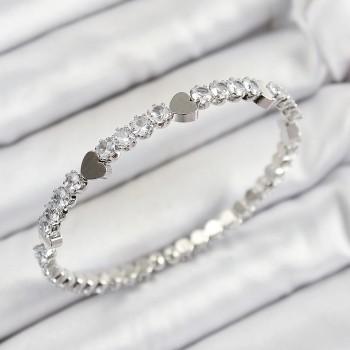 Pirinç Zirkon Taşlı Kalp Model Gümüş Renk Yaylı Kadın Bileklik