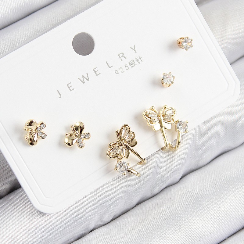 Pirinç Zirkon Taşlı Kelebek Model Gold Renk 925 Ayar Gümüş Çivi Kadın Küpe Set