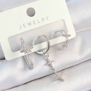 Pirinç Zirkon Taşlı Kelebek Ve Sallantılı Yıldız Model Gümüş Renk 3'lü Çift Kadın Küpe Set