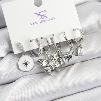 Pirinç Zİrkon Taşlı Kelebek ve Yıldız Model Gümüş Renk 3'lü Çift Kadın Küpe