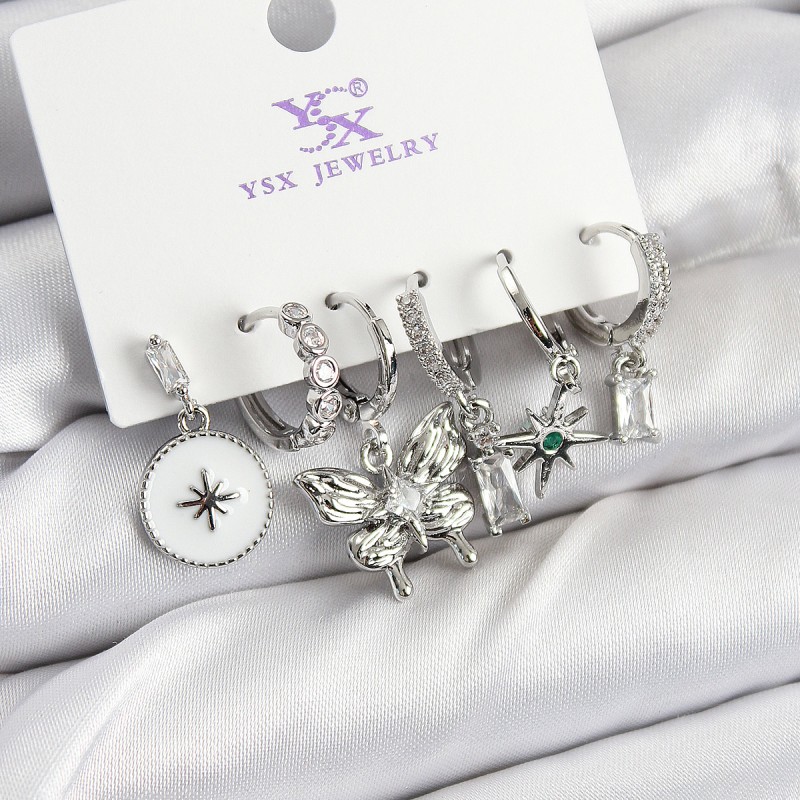 Pirinç Zİrkon Taşlı Kelebek ve Yıldız Model Gümüş Renk 3'lü Çift Kadın Küpe