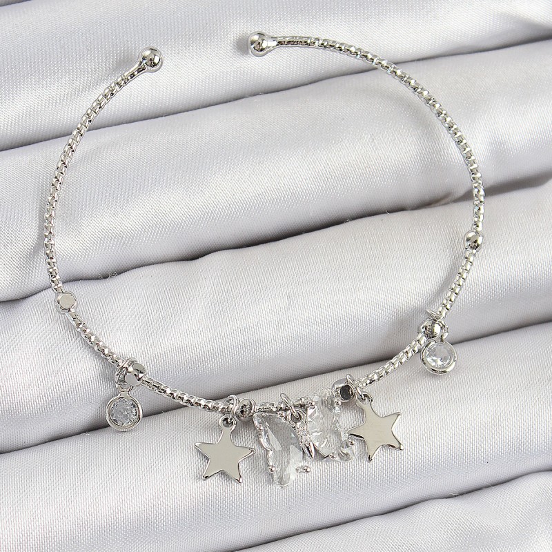 Pirinç Zirkon Taşlı Kelebek Ve Yıldız Model Gümüş Renk Charm Bileklik