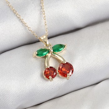 Pirinç Zirkon Taşlı Kiraz Model Gold Renk Kadın Kolye