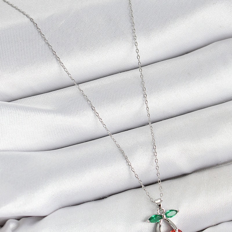 Pirinç Zirkon Taşlı Kiraz Model Gümüş Renk Kadın Kolye