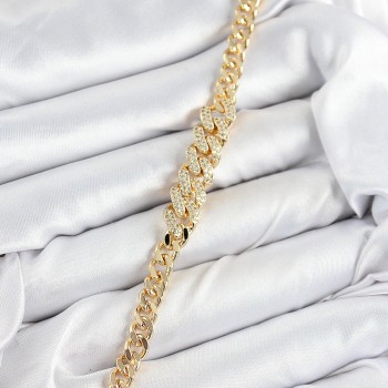 Pirinç Zirkon Taşlı Küba Zincir Model Gold Renk Kadın Bileklik