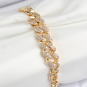 Pirinç Zirkon Taşlı Küba Zincir Model Gold Renk Kadın Bileklik