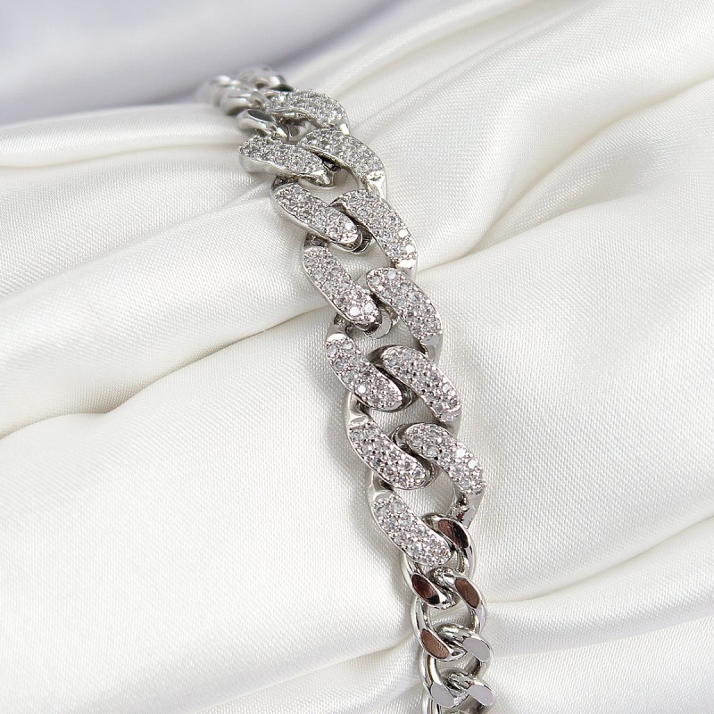 Pirinç Zirkon Taşlı Küba Zincir Model Gümüş Renk Kadın Bileklik