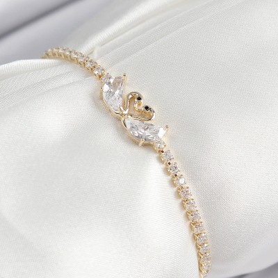 Pirinç Zirkon Taşlı Kuğu Model Gold Renk Asansörlü Kadın Bileklik