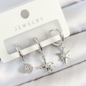 Pirinç Zirkon Taşlı Kutup Yıldızı Model Gümüş Renk 3'lü Çift Kadın Küpe Set