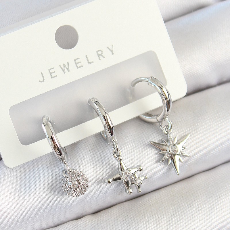 Pirinç Zirkon Taşlı Kutup Yıldızı Model Gümüş Renk 3'lü Çift Kadın Küpe Set