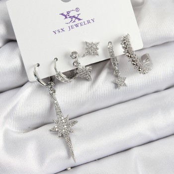 Pirinç Zİrkon Taşlı Kutup Yıldızı Model Gümüş Renk 3'lü Çift Kadın Küpe