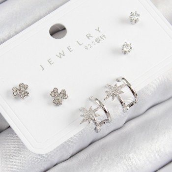 Pirinç Zirkon Taşlı Kutup Yıldızı Model Gümüş Renk 925 Ayar Gümüş Çivi Kadın Küpe Set