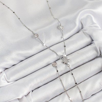 Pirinç Zirkon Taşlı Kutup Yıldızı Model Gümüş Renk Y Kolye