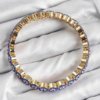 Pirinç Zirkon Taşlı Lacivert Nazar Model Gold Renk Lastikli Kadın Bileklik