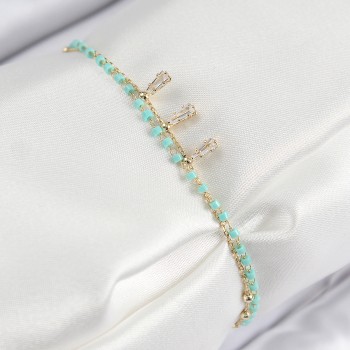 Pirinç Zirkon Taşlı Mavi Boncuklu Model Gold Renk Kadın Bileklik