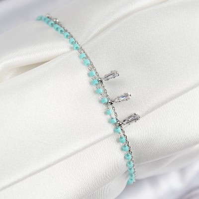 Pirinç Zirkon Taşlı Mavi Boncuklu Model Gümüş Renk Kadın Bileklik