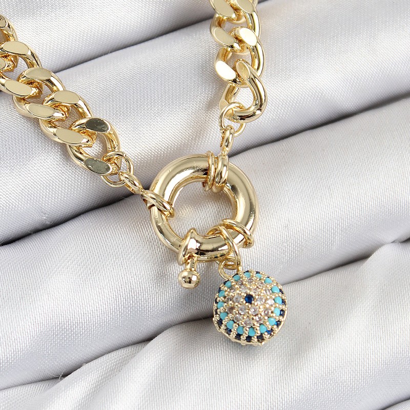 Pirinç Zirkon Taşlı Nazar Boncuk Detaylı Klasik Zincir Model Gold Renk Kadın Kolye