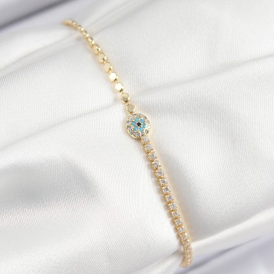 Pirinç Zirkon Taşlı Nazar Model Ezme Zincir Gold Renk Kadın Bileklik