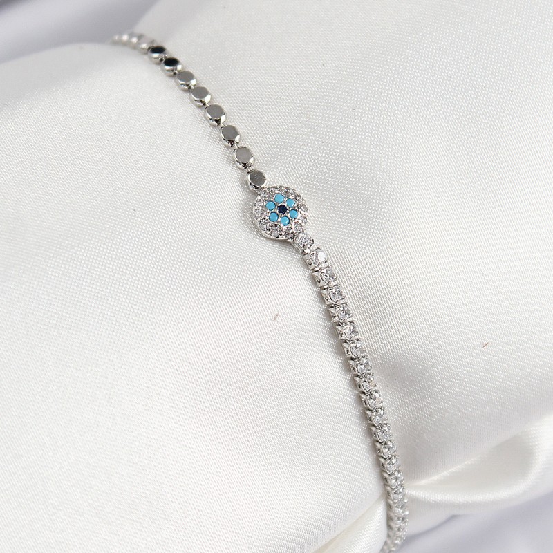 Pirinç Zirkon Taşlı Nazar Model Ezme Zincir Gümüş Renk Kadın Bileklik